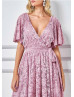 Flutter Sleeves Mauve Lace Wrap Mini Party Dress